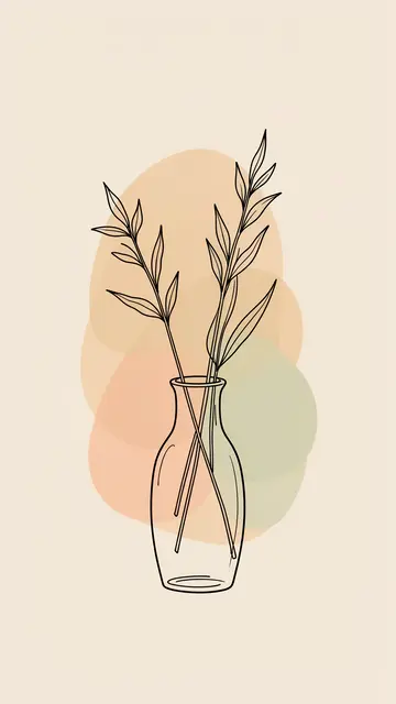 A line art illustration of a vase with leafy stems over soft overlapping color blobs on a beige background