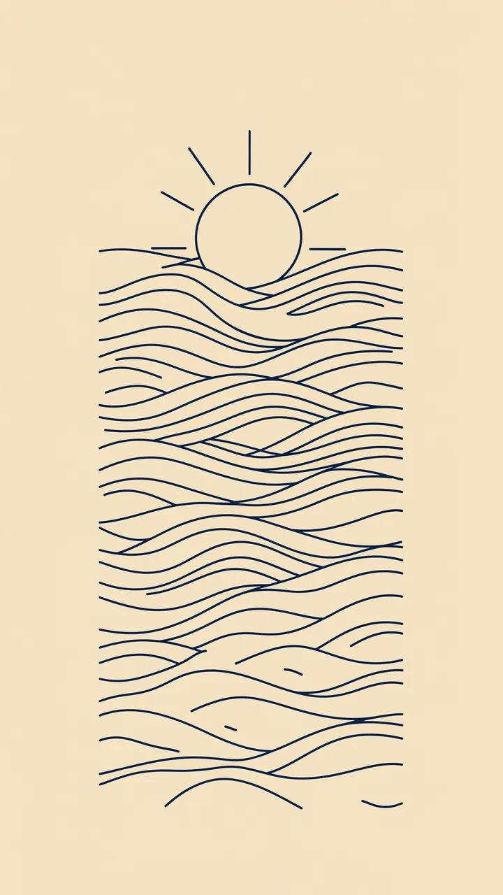 Thin navy line art of sun rising over stylized ocean waves on a sand beige background