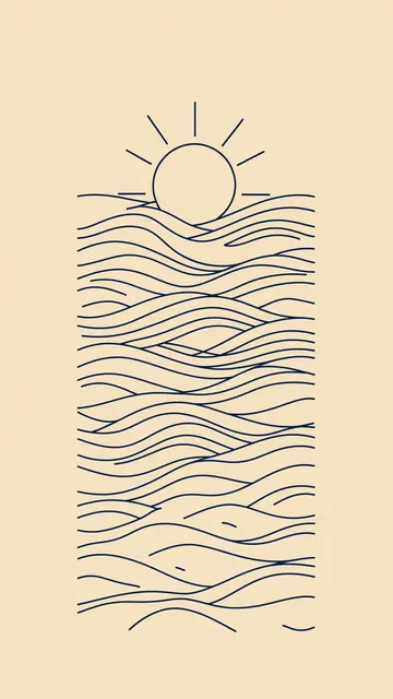 Thin navy line art of sun rising over stylized ocean waves on a sand beige background