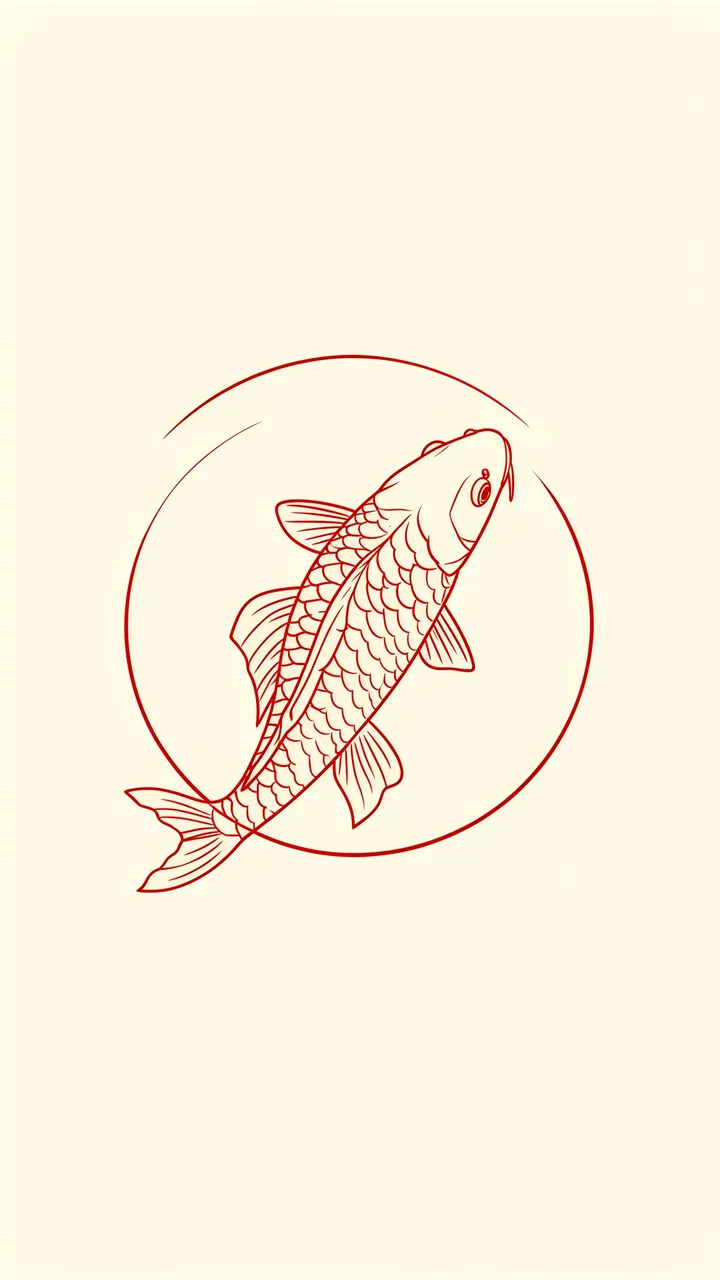 Thin red line art of a koi fish centered inside a loose circle on a cream background
