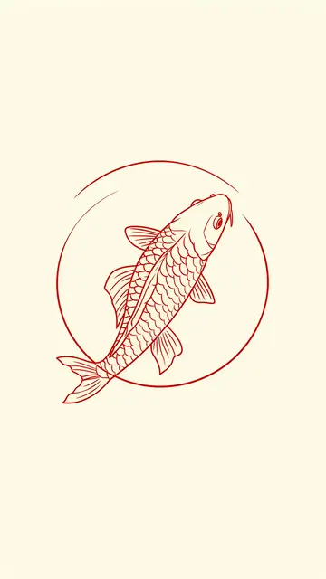 Thin red line art of a koi fish centered inside a loose circle on a cream background