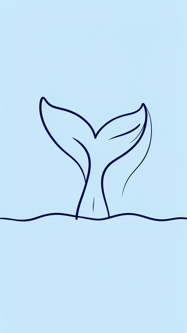 Navy line art of a whale tail rising from a wavy line on a pale blue background
