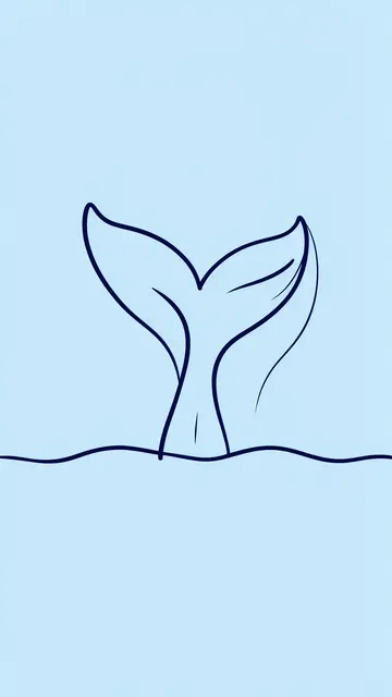 Navy line art of a whale tail rising from a wavy line on a pale blue background