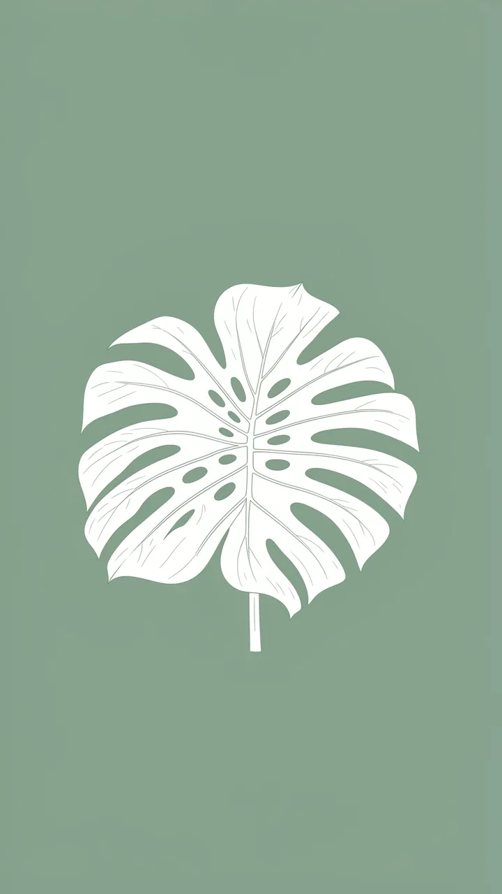 A white line art monstera leaf centered on a solid sage green background