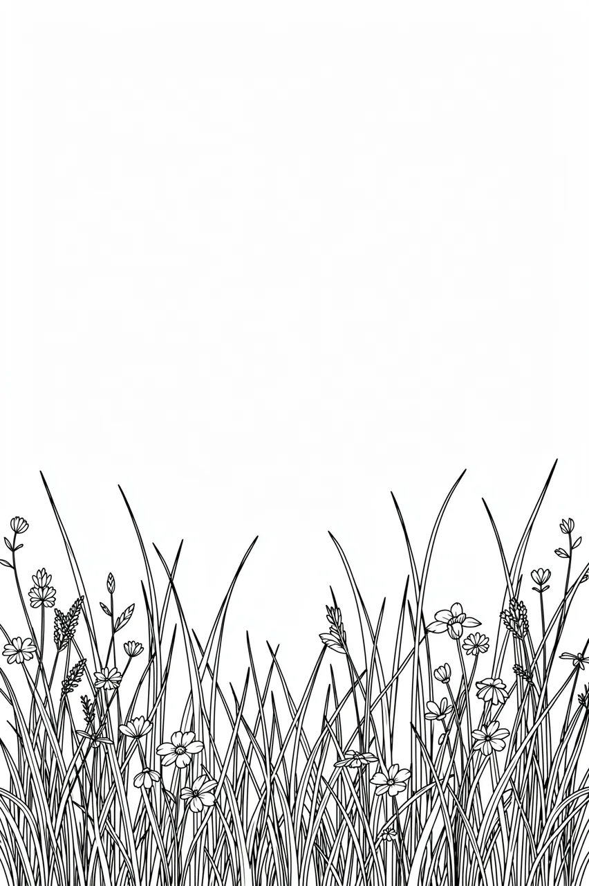 Black line drawing of tall grasses and wildflowers along the bottom edge of a blank white page