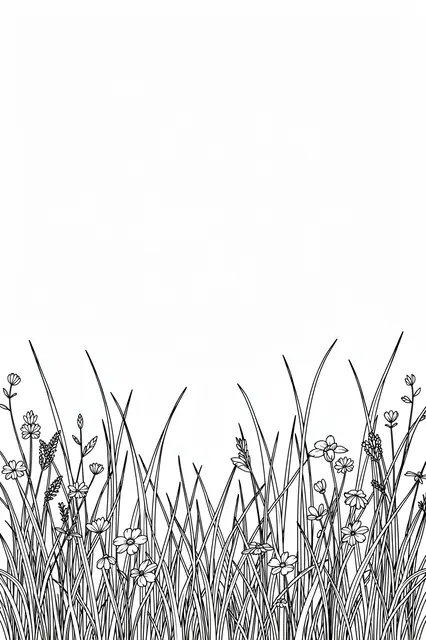 Black line drawing of tall grasses and wildflowers along the bottom edge of a blank white page