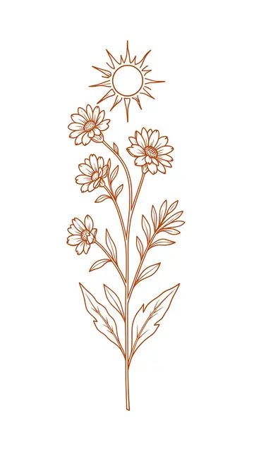 Terracotta line art of a wildflower sprig and small sun on a plain light background
