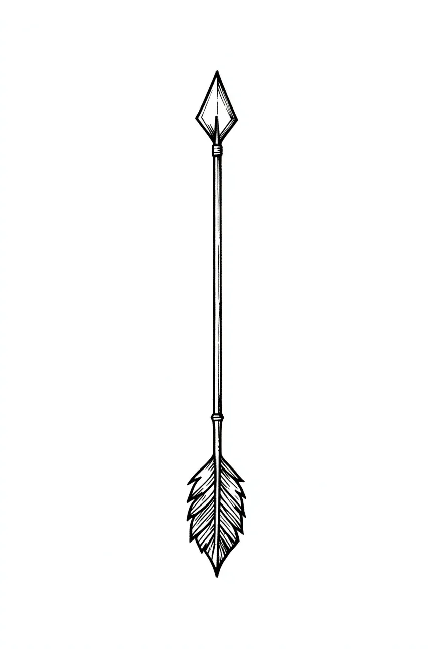 Black ink hand-drawn arrow illustration with diamond tip and feather tail on plain white background