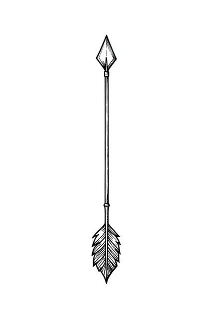 Black ink hand-drawn arrow illustration with diamond tip and feather tail on plain white background