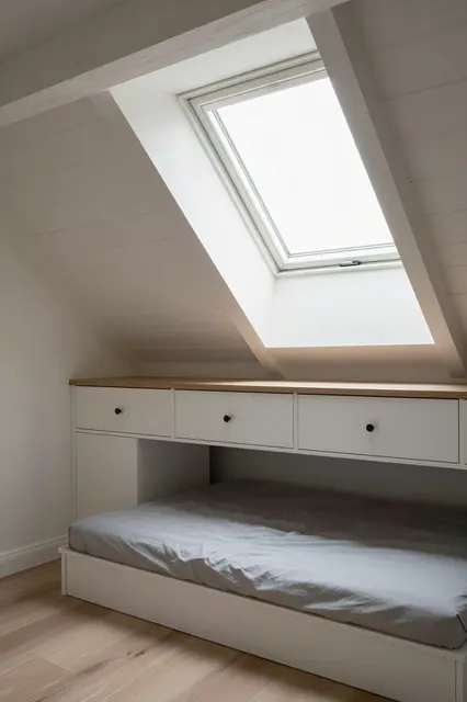Cozy attic bedroom with built-in under-eaves drawers, a low bed and a slanted dormer window