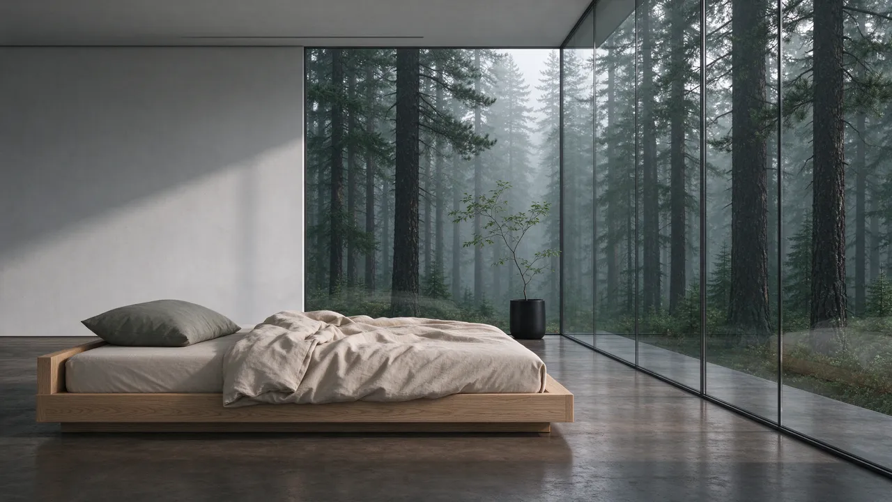 Low oak bed sits beside floor-to-ceiling glass walls overlooking a misty pine forest from a modern bedroom.