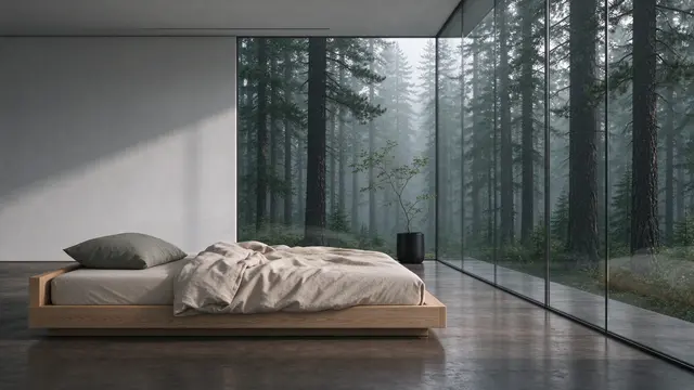 Low oak bed sits beside floor-to-ceiling glass walls overlooking a misty pine forest from a modern bedroom.