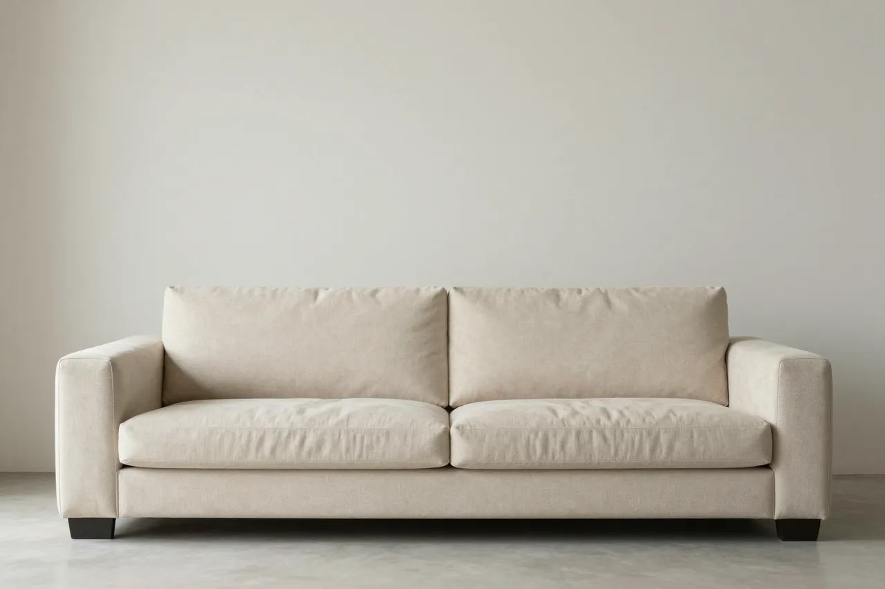 Low beige upholstered sofa centered against a plain bare light gray interior wall