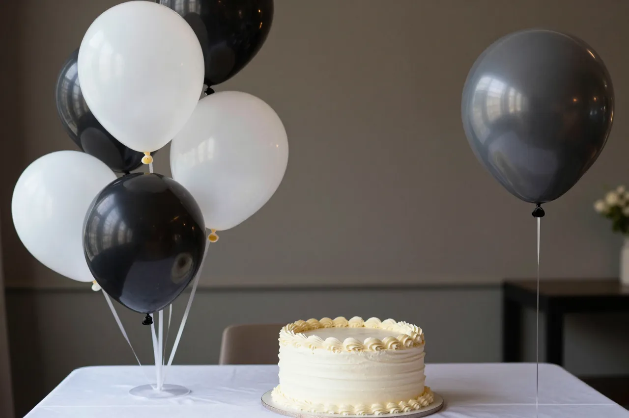 White frosted birthday cake sits on a table with black, white and gray balloons against a neutral wall