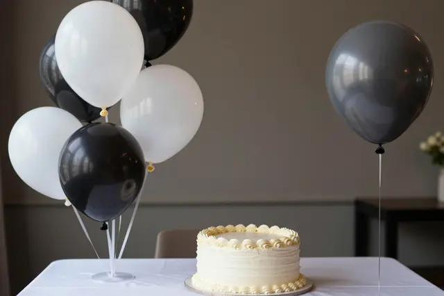 White frosted birthday cake sits on a table with black, white and gray balloons against a neutral wall