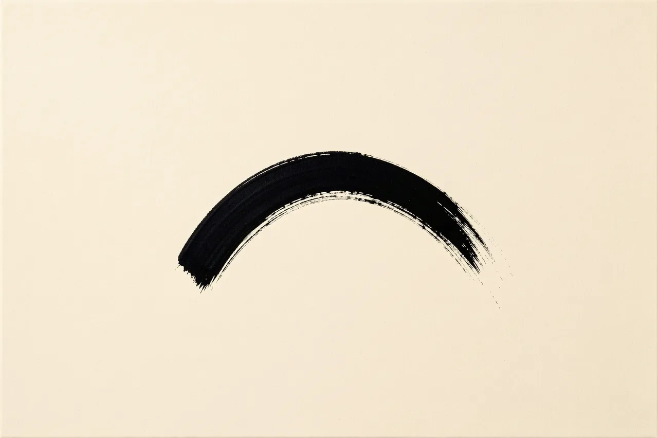 A single textured black brushstroke arc centered on a warm off-white canvas background
