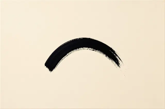 A single textured black brushstroke arc centered on a warm off-white canvas background