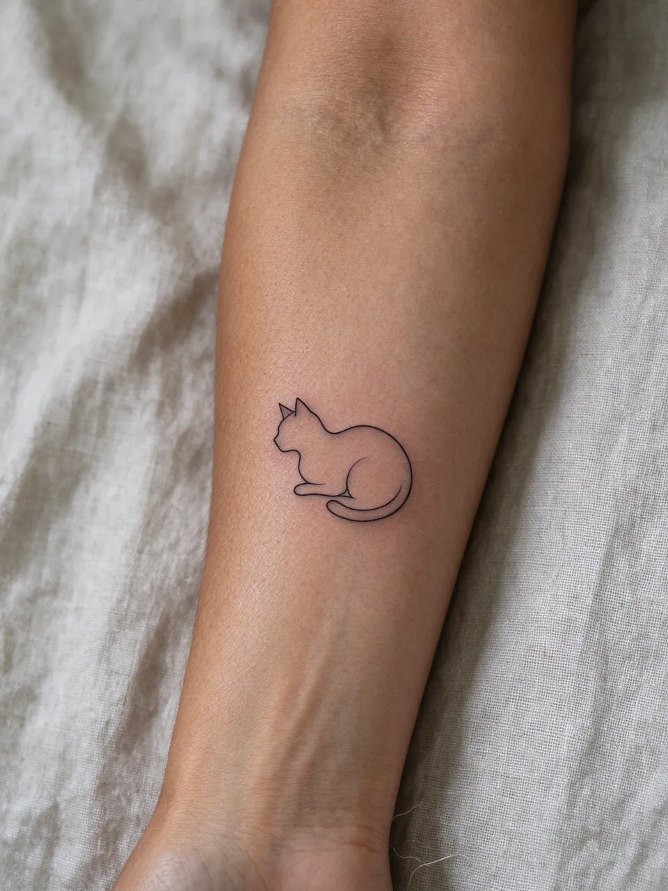 Close-up of a fine line cat outline tattoo on a forearm resting on natural linen fabric