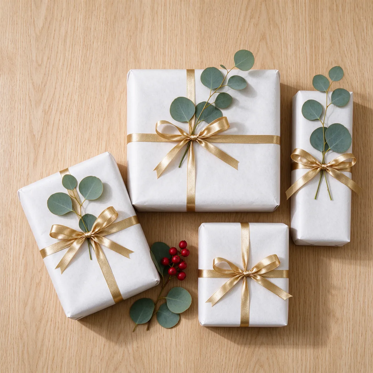 Overhead view of wrapped Christmas gifts with gold ribbon and eucalyptus on pale oak wood