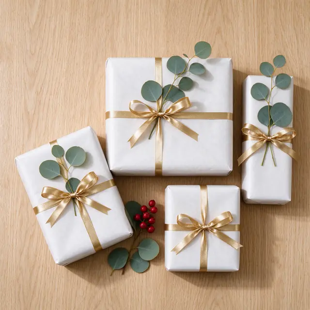 Overhead view of wrapped Christmas gifts with gold ribbon and eucalyptus on pale oak wood