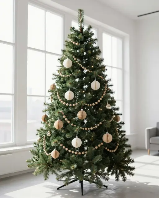 Decorated Christmas tree with paper ornaments and wooden bead garland stands in a sunlit white loft interior
