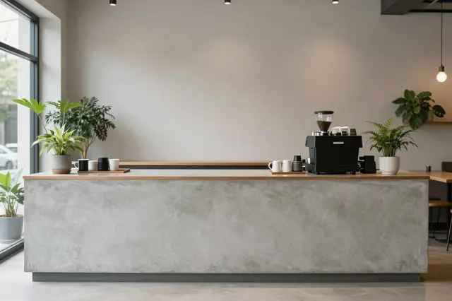 Empty minimalist coffee shop interior with a concrete counter, houseplants, and coffee equipment