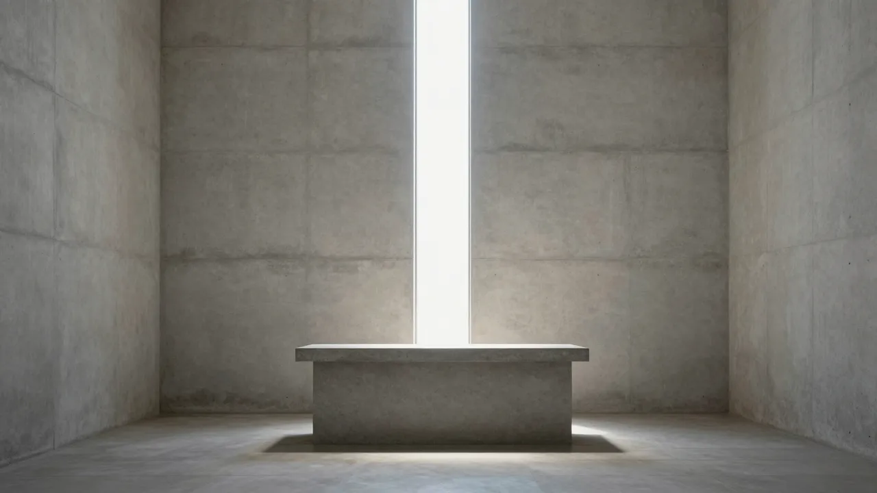 A plain concrete altar sits in a bare chapel with a vertical shaft of light falling onto its surface