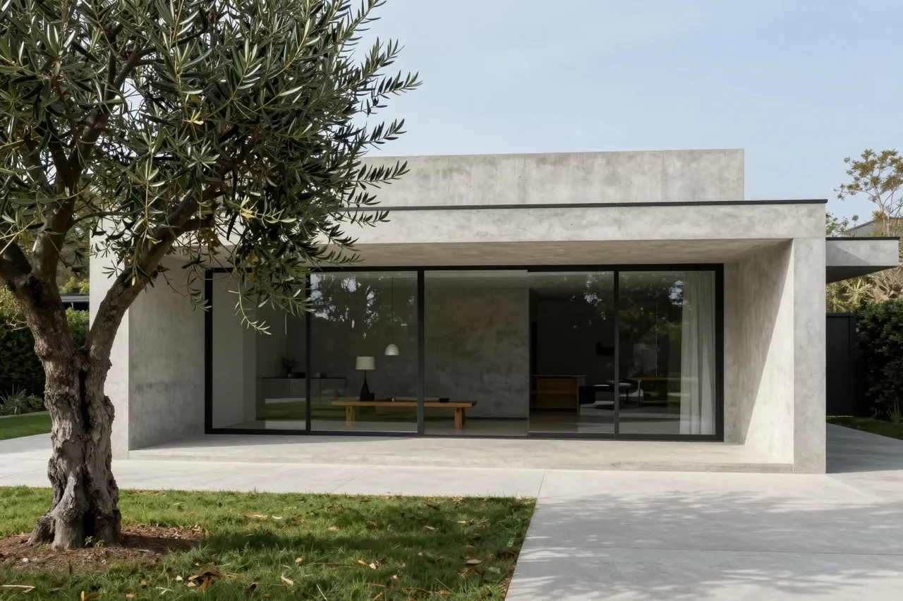 Modern minimalist concrete home with floor-to-ceiling glass, framed by an olive tree in a sunlit courtyard