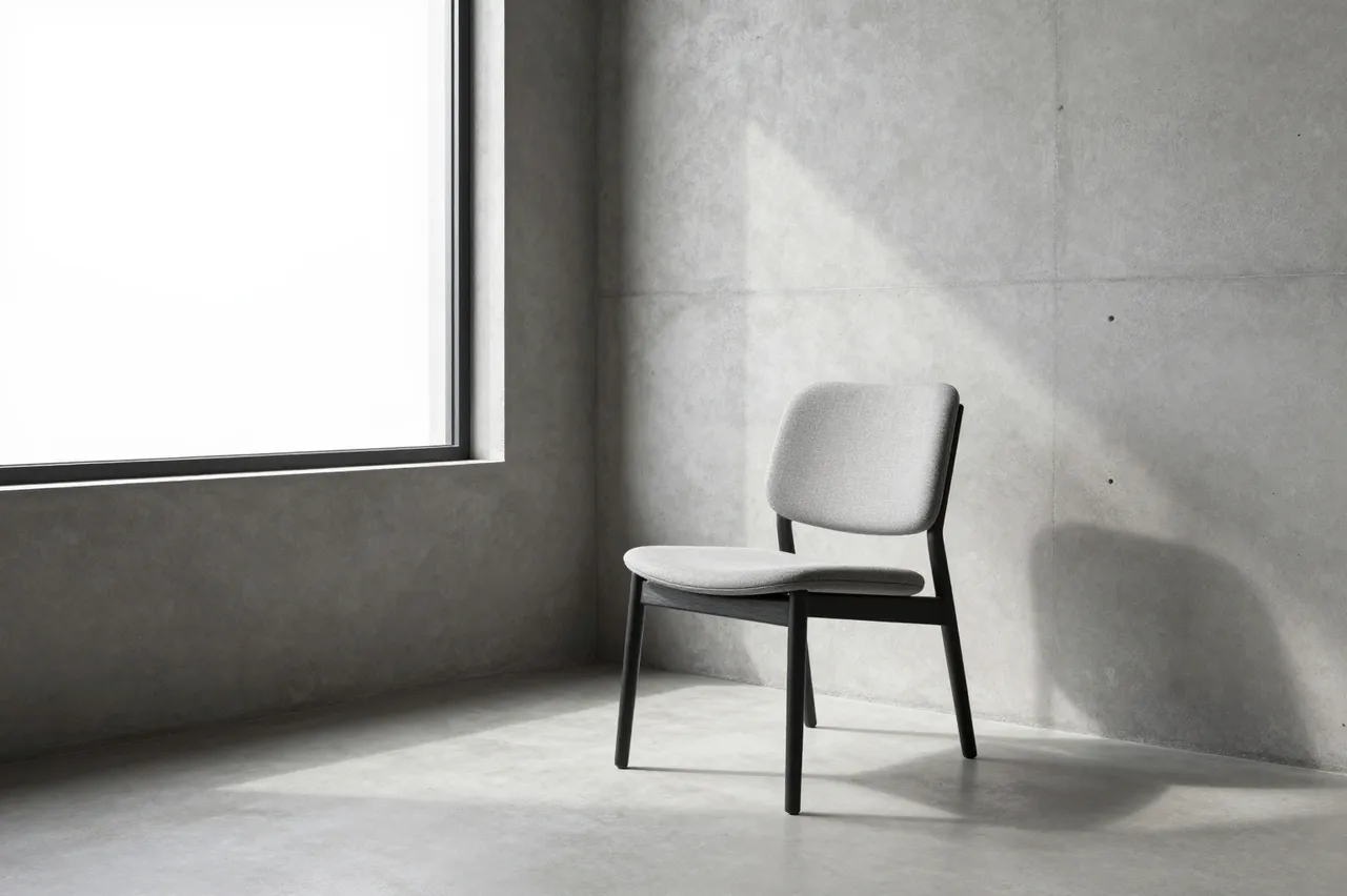 A single upholstered chair sits in a sunlit minimalist concrete interior next to a large window.