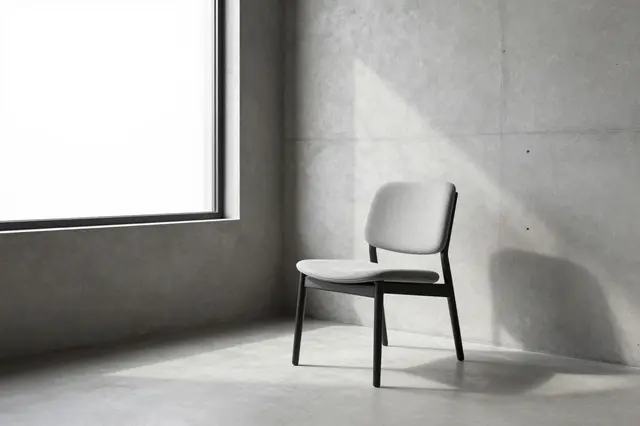 A single upholstered chair sits in a sunlit minimalist concrete interior next to a large window.