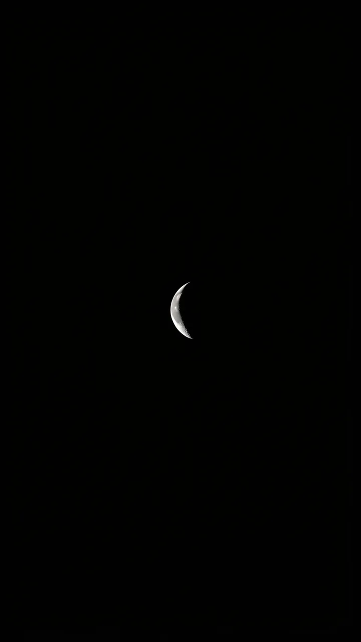 A thin pale crescent moon sits centered against a solid deep black night sky