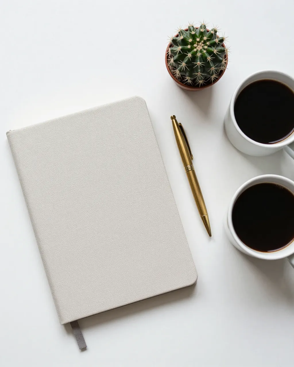 Top-down view of a white desk holding a notebook, brass pen, small cactus, and two coffee mugs