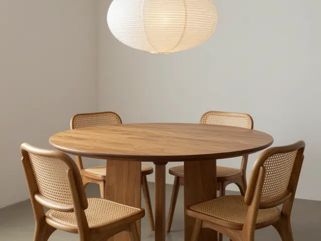 Round wooden dining table with rattan chairs sits beneath a paper pendant light in a neutral modern dining nook