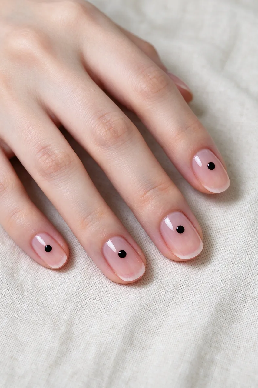 A close-up of a hand with sheer pink oval nails accented with small black dots resting on linen fabric
