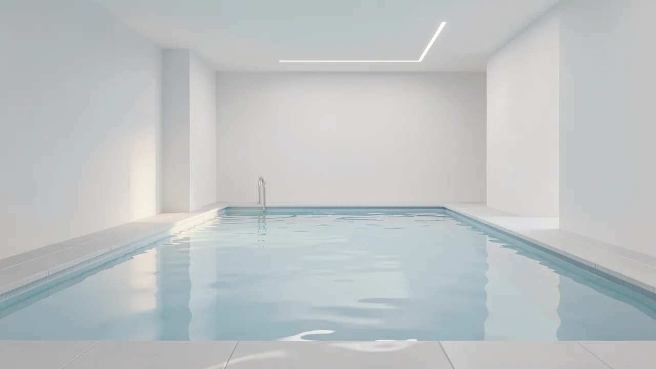 A quiet empty indoor swimming pool with pale blue water, white walls and soft diffused ceiling lighting