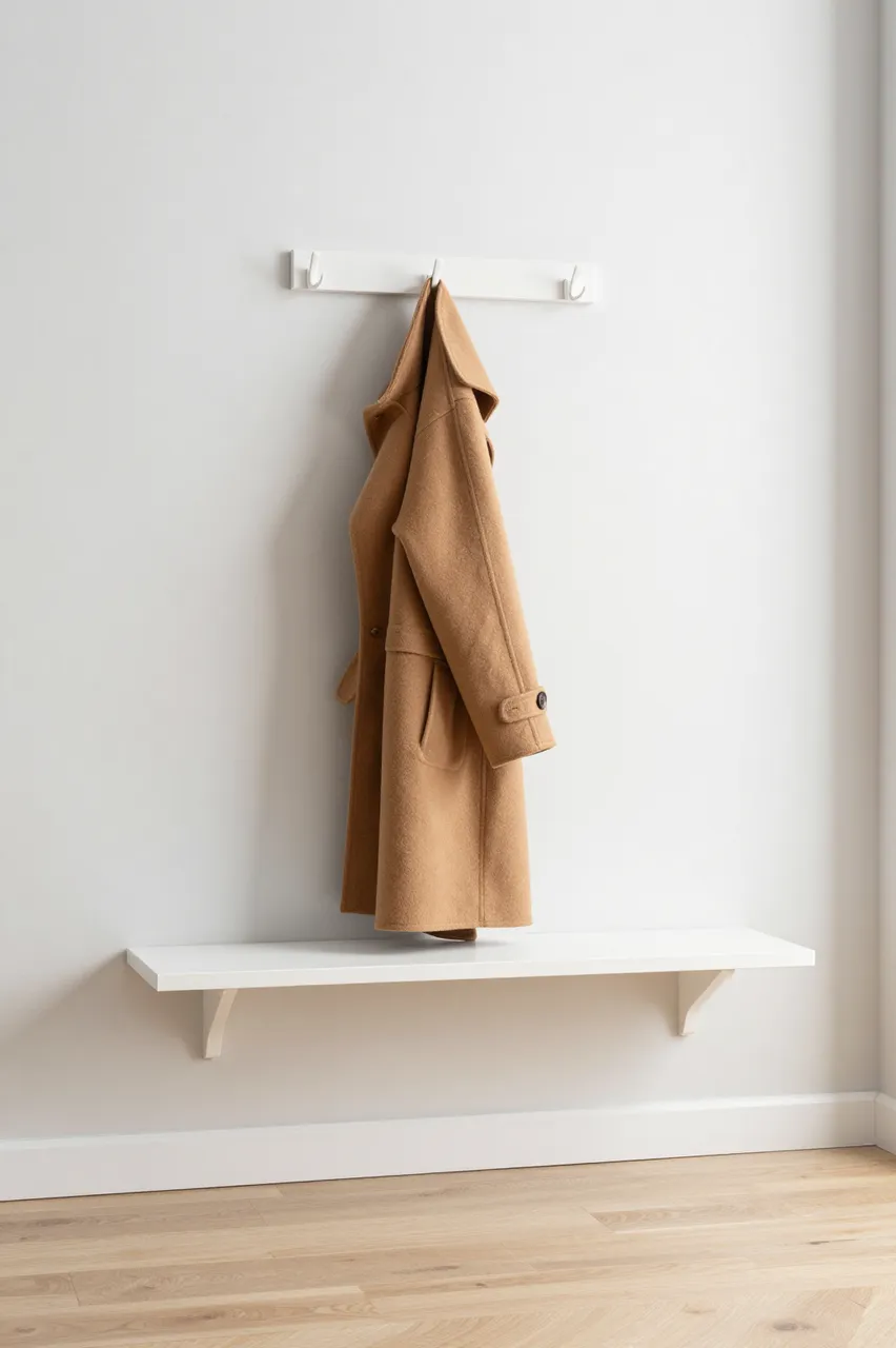 A camel wool coat hangs from a wall hook above a floating white shelf next to pale oak flooring