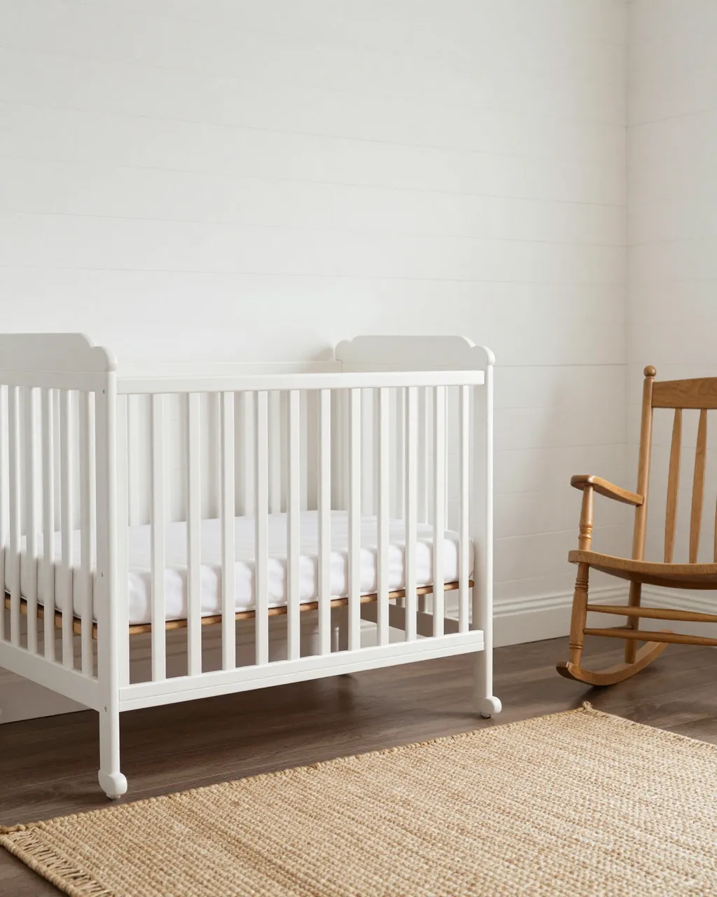 Unoccupied farmhouse nursery with a white wooden crib, wooden rocking chair and woven rug against shiplap walls