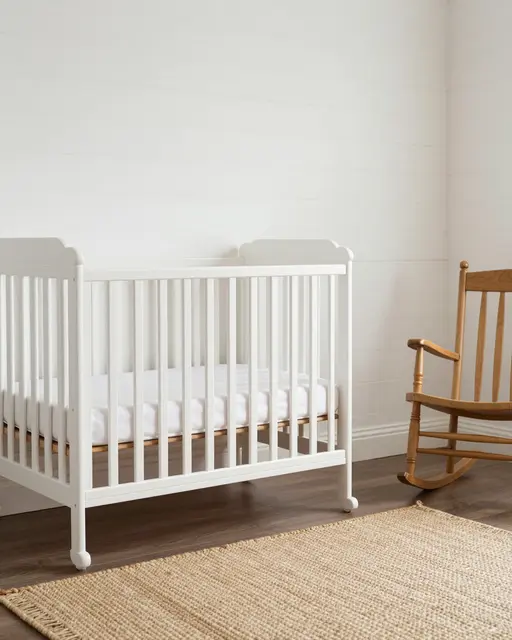 Unoccupied farmhouse nursery with a white wooden crib, wooden rocking chair and woven rug against shiplap walls