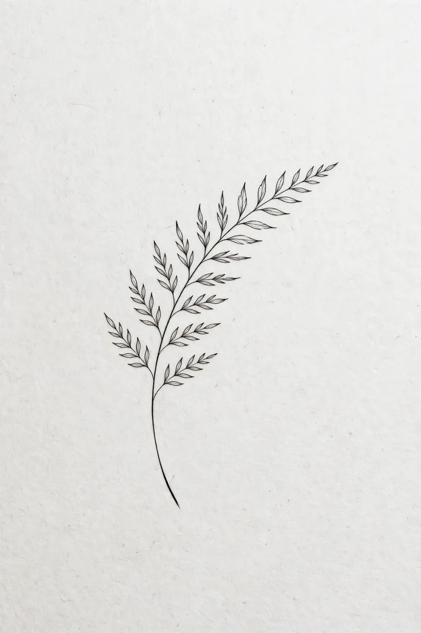 Delicate thin black ink fern leaf drawing on plain light textured white paper