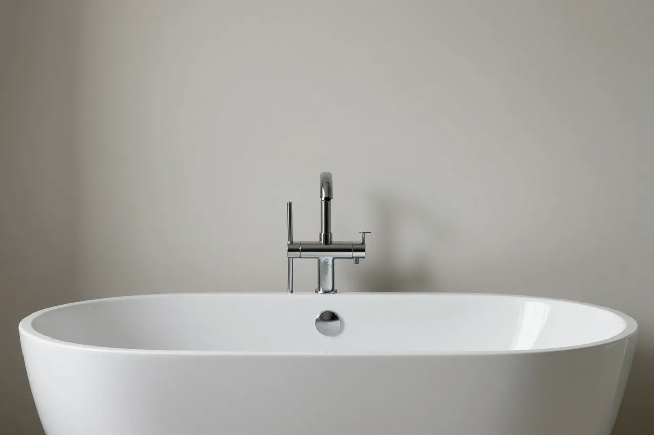 White freestanding bathtub with a chrome faucet against a plain light gray bathroom wall