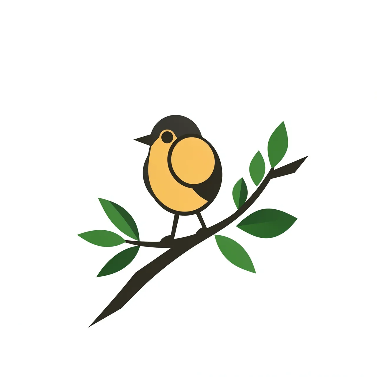 A stylized geometric small bird perched on a leafy branch against a plain white background