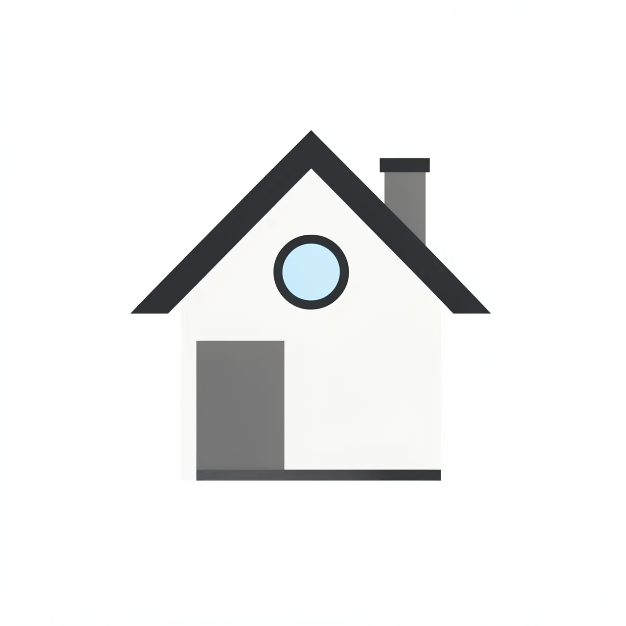 Flat minimalist vector illustration of a small house with pitched roof, round window and chimney on a plain white background