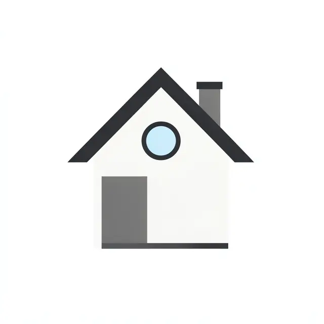 Flat minimalist vector illustration of a small house with pitched roof, round window and chimney on a plain white background