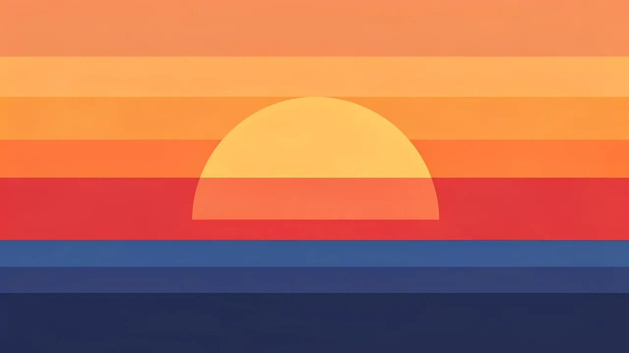 Flat minimalist vector illustration of a half-circle sun setting over horizontal color bands representing the sea and sky