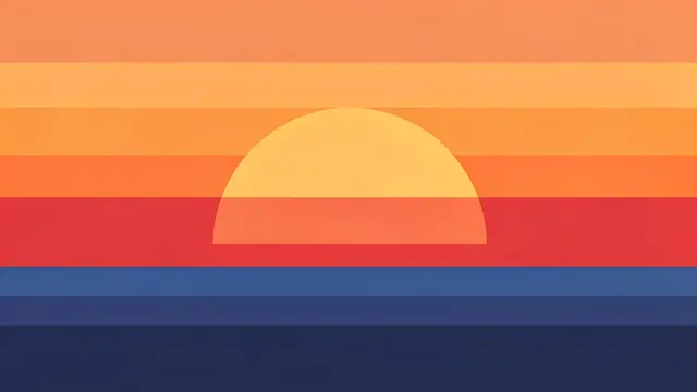 Flat minimalist vector illustration of a half-circle sun setting over horizontal color bands representing the sea and sky