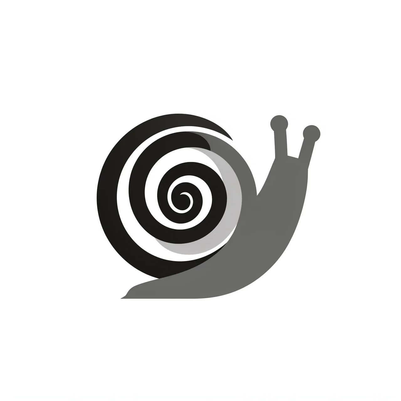 Flat monochrome geometric snail illustration with a spiral shell on a plain white background