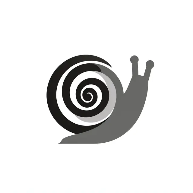 Flat monochrome geometric snail illustration with a spiral shell on a plain white background
