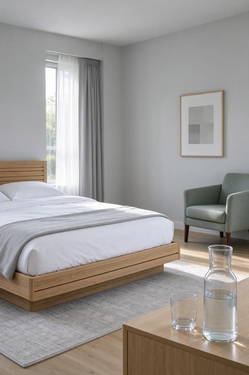 Sunlit soft gray guest bedroom with slatted oak bed, armchair and glass carafe on a side table