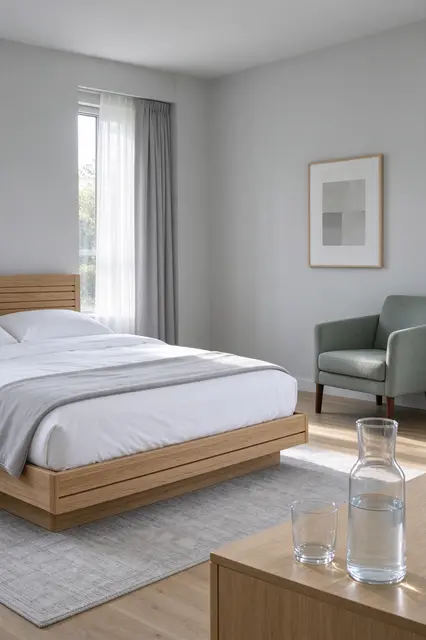Sunlit soft gray guest bedroom with slatted oak bed, armchair and glass carafe on a side table