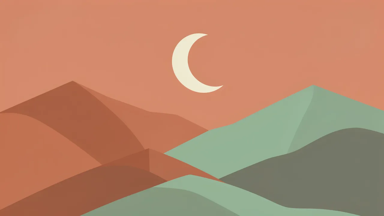 Flat geometric illustration of rolling hills under a pale crescent moon in a warm terracotta sky